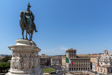Fototapeta na wymiar Amazing view of Equestrian statue of Vittorio Emanuele II and Piazza Venezia in city of Rome, Italy