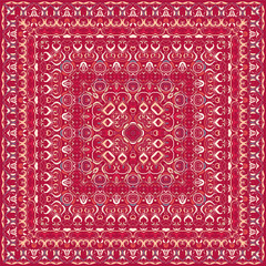 Red colored handkerchief with abstract pattern silk scarf or shawl.