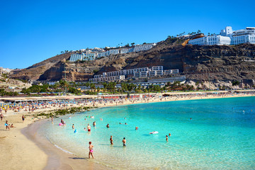 
Bay of Amadores Beach in Gran Canaria in Spain / Beach not far from Playa del Ingles  - obrazy, fototapety, plakaty