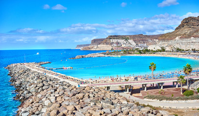 Bay of Amadores Beach in Gran Canaria in Spain / Beach not far from Playa del Ingles - obrazy, fototapety, plakaty