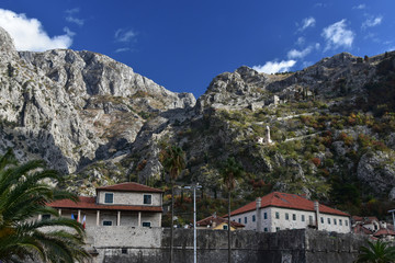 The old town of Kotor, Montenegro, view to the fortress high on the hill above the town