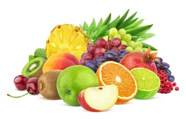 Foto op Plexiglas Hoop van verschillende vruchten en bessen die op witte achtergrond worden geïsoleerd © xamtiw