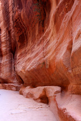 The walls of the Siq, narrow passage that leads to Petra, Jordan