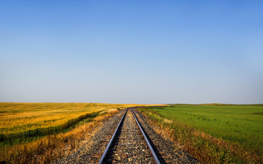 A railway track curving in the distance between ripening fields in a prairie summer rural countryside landscape - obrazy, fototapety, plakaty