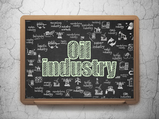 Manufacuring concept: Chalk Green text Oil Industry on School board background with  Hand Drawn Industry Icons, 3D Rendering