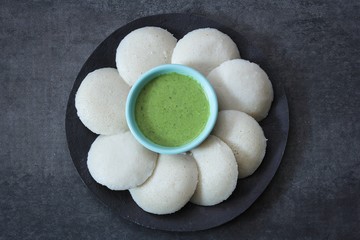 Idli / Idly food South Indian breakfast with chutney top view