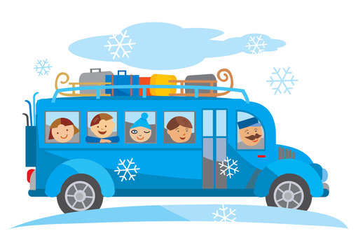 Winter school trip bus cartoon.
Cartoon of blue School bus traveling on a winter school trip. Vector available.
