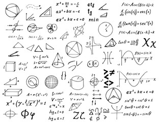 Set of hand drawn mathematical formulas and signs - obrazy, fototapety, plakaty