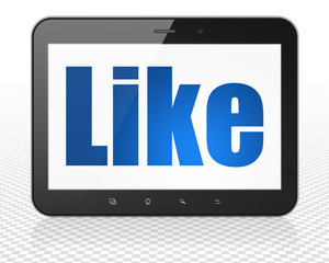 Social network concept: Tablet Pc Computer with blue text Like on display, 3D rendering