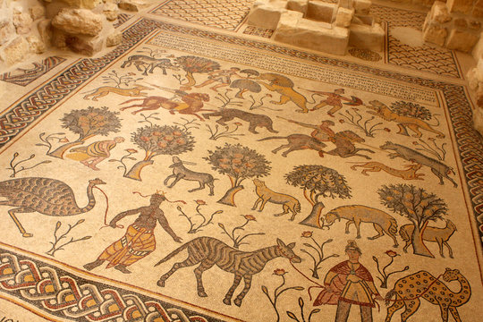 Ornate mosaic in the Memorial Church of Moses at Mount Nebo, Jordan