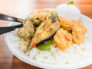 asia street food from fish with rice in white bowl and put on table for good healthy and protect liver and kidney