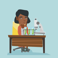 Disappointed african-american student carrying out experiment in laboratory class. Young student clutching head after failed experiment in chemistry class. Vector cartoon illustration. Square layout.