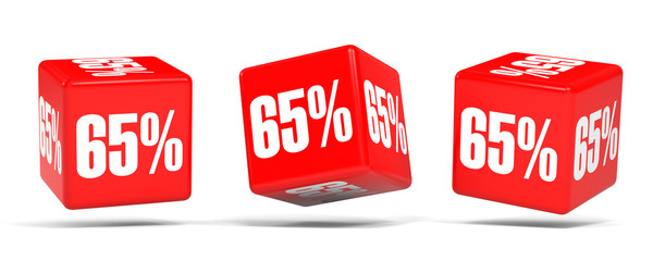 Sixty five percent off. Discount 65 %. Red cubes.