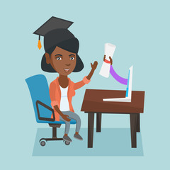 Young happy african-american online school graduate getting diploma from the computer. Concept of educational technology, online education and graduation. Vector cartoon illustration. Square layout.