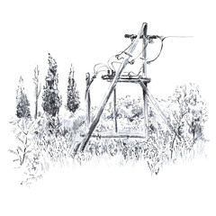 Power line in the country in the field. Sketch pencil.