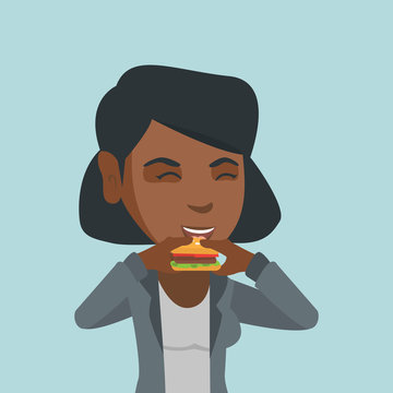 Joyful african-american woman eating a hamburger. Happy woman with closed eyes biting a hamburger. Young smiling woman is about to eat a delicious hamburger. Vector cartoon illustration. Square layout