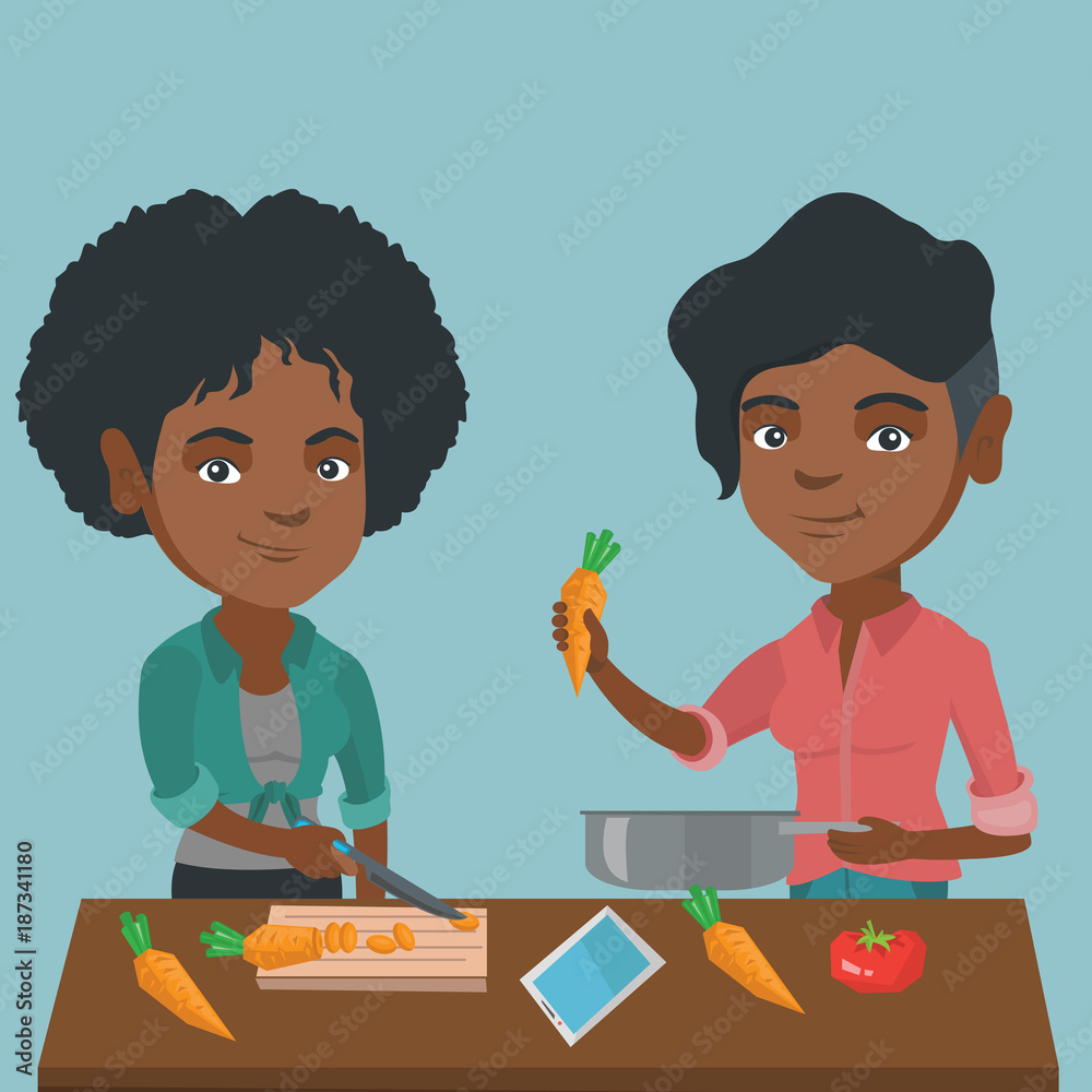 Sticker two happy african-american women having fun while cooking healthy meal together. young smiling women