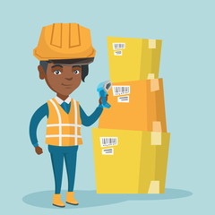 Young african warehouse worker holding a scanner and scanning the barcode on the box. Warehouse worker checking the barcode of the box with a scanner. Vector cartoon illustration. Square layout.