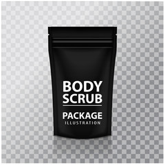 Black Foil Body Scrub Pack Pouch Sachet Bag Packaging with Zipper. Vector Isolated Mock up temlate