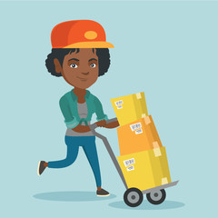 African-american woman-postman pushing trolley with parcels in cardboard boxes. Young woman-postman delivering parcels. Woman-postman running with parcels. Vector cartoon illustration. Square layout.