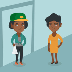 Young african delivery courier delivering online grocery shopping order to customer. Woman receiving packages with groceries from delivery courier at home. Vector cartoon illustration. Square layout.