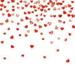 Valentines day heart with red glitter sparkles. February 14th day. Vector confetti for valentines day heart template. Grunge hand drawn texture. Love theme for flyer, special business offer, promo.