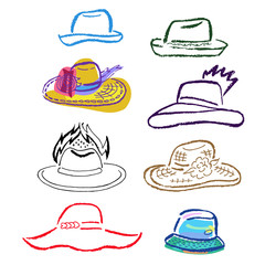 Summer hats, caps outlined template set