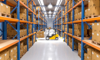  interior of a warehouse full of goods ready to be shipped, no one around, forklift truck in action. shipping and logistics concept.