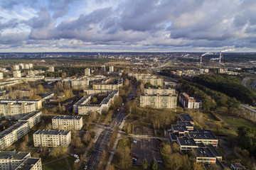 Aerial view over old soviet time architecture in Lazdynai district, Vilnius, Lithuania. During cloudy spring day.