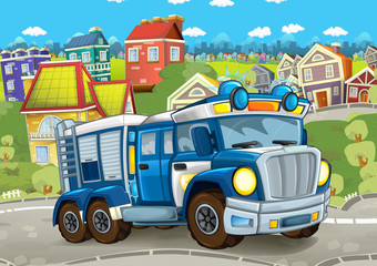 cartoon scene with police truck on the street - illustration for children