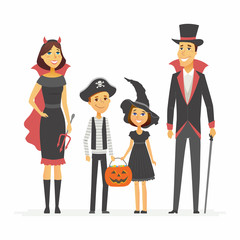Family at Halloween party - cartoon people characters isolated illustration