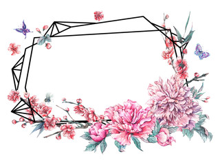 Watercolor polygonal frame with pink flowers