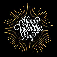 valentines day lettering with gold burst on black background - obrazy, fototapety, plakaty