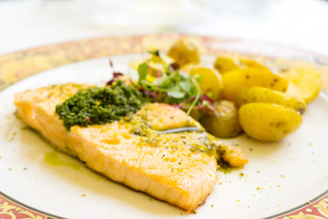 Grilled Salmon with fresh lettuce and mash potatoes