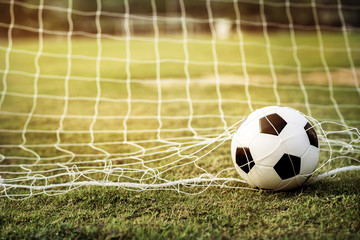 Naklejka premium Soccer ball on grass and sun light.