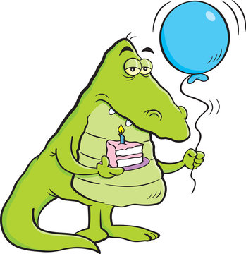 Cartoon illustration of an alligator holding a piece of cake and a balloon.