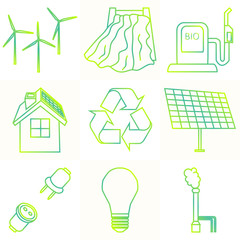 Vector set of simple eco related outline gradient icons. Contains icons for different types of electricity generation: wind generators, solar panels, biofuel, hydropower, thermal energy. Infographic