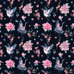 Watercolor seamless pattern with crane, blooming branches, peoni