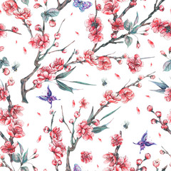 Fototapety  Watercolor seamless pattern with blooming branches of cherry