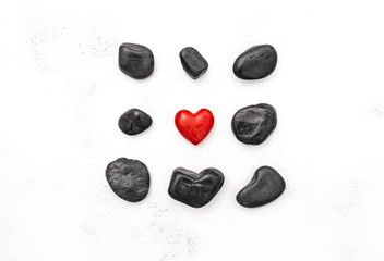 Red heart black stones Love Valentines Day Flat lay
