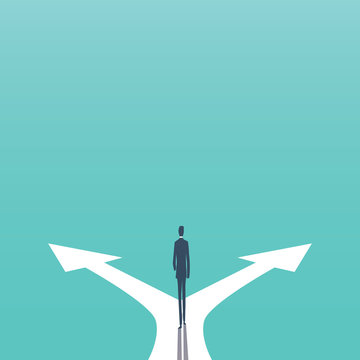 Business Decision Concept Vector Illustration. Businessman Standing On The Crossroads With Two Arrows And Directions.