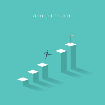 Business ambition vector concept with businessman jumping over gap and moving up on graph. Symbol of motivation, confident thinking, success, opportunity.