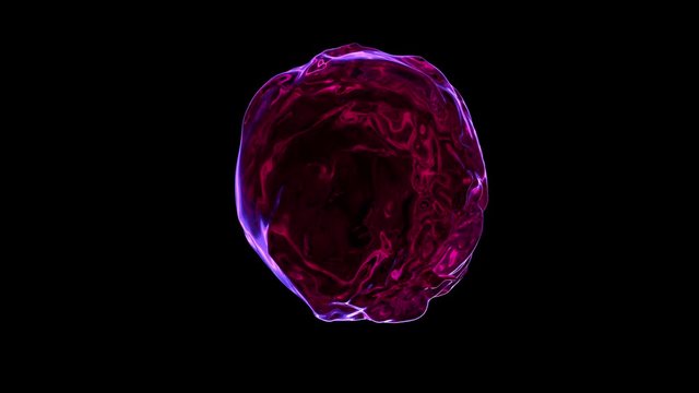 Seamlessly looped colored fluid flows with splashes around sphere, slow motion. Separated on pure black background, contains alpha channel.