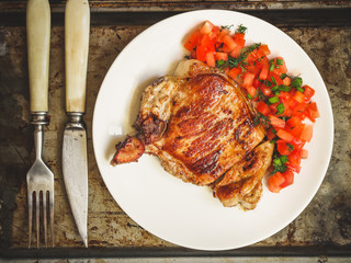 steak pork and vegetable salad from tomatoes