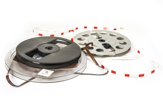 Audio Magnetic tapes on reels on the white