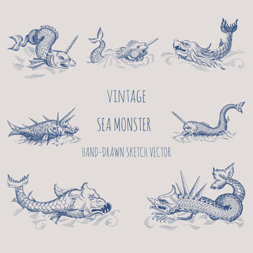 Mythological Vintage Sea Monster. Fragment Of Old Pirate Map. Hand Drawn Vector Sketch.