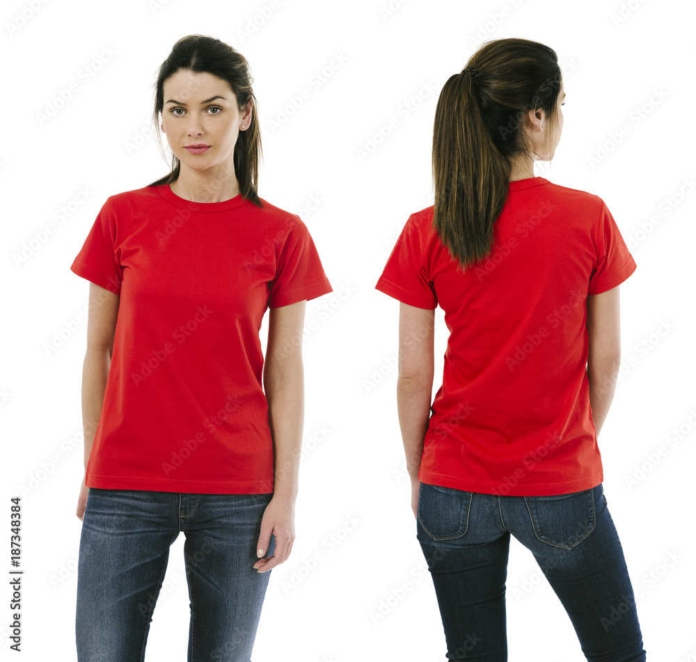 Wall mural brunette woman wearing blank red shirt