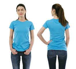 Brunette woman wearing blank light blue shirt