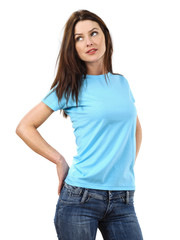 Sexy woman wearing blank light blue shirt
