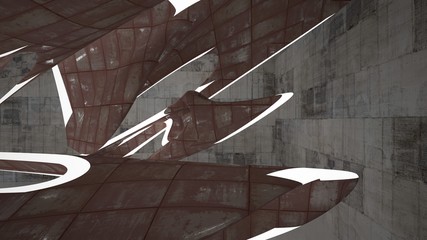 Fototapeta premium Empty smooth abstract room interior of sheets rusted metal and brown concrete. Architectural background. Night view of the illuminated. 3D illustration and rendering